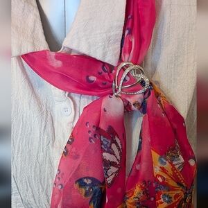 Fuscia Butterfly Multicolor Scarf With Silver Tone Scarf Clip And Brooch